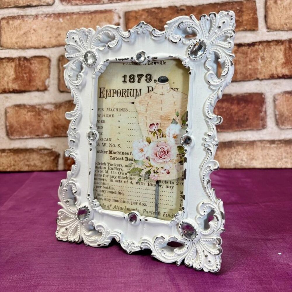 VTG Whimsy Baroque White Silver Frame w/ Rhinestones & Art Deco